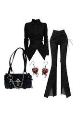 Outfit: Fall Midnight Lace-Up Flare Jeans+Fall Asymmetrical High Neck Buttoned Sweater+Gothic Cross Chain Shoulder Bag+Earrings