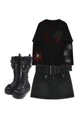 Outfit: Midnight Rebel Minirock mit Gürtel + Fall Alt Langarm-Hoodie + Gothic Ankle Combat Boots Damen Plateau