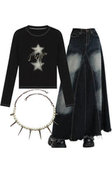 Y2k Outfit: Stellar Sparkle Top+Faded Black Maxi Denim Skirt+Pearl Spike Necklace