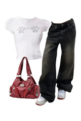 Outfit: Vintage Washed Baggy Jeans+Rhinestone Paw Print Baby Top+Midnight Zipper Accent Shoulder Bag