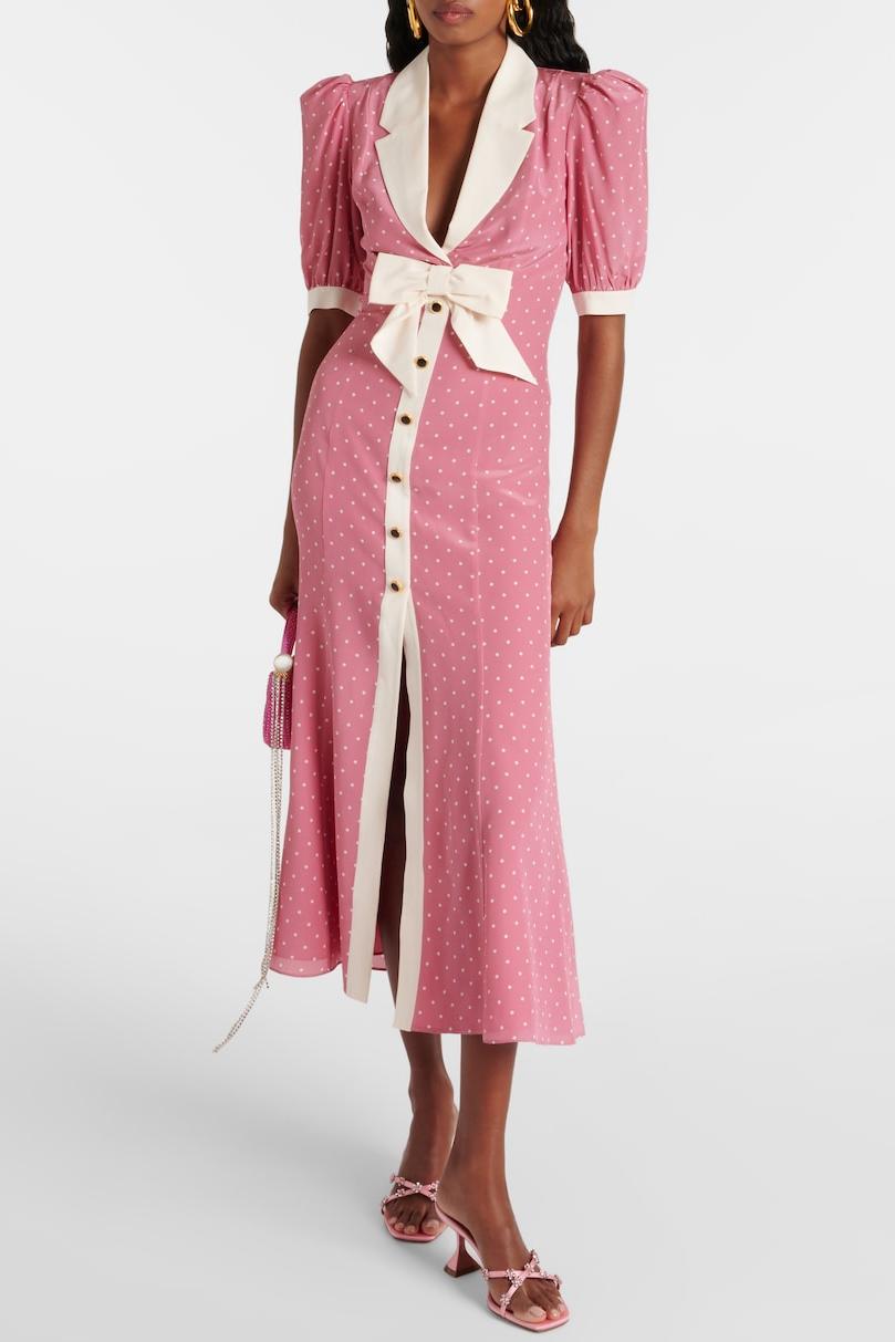 Rita Floral Bow Trimmed Puff Sleeve V-Neckline Midi Dress-Sunfere