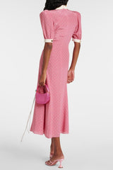 Rita Floral Bow Trimmed Puff Sleeve V-Neckline Midi Dress-Sunfere