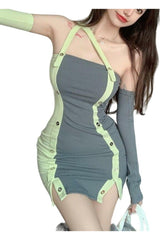 Patchwork-Etuikleid mit Seitenschlitzen