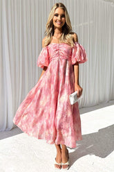 Patricia Off-shoulder Puff Sleeve Midi Dress-Sunfere