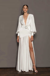 Phoebe V-neck Belted Slit Maxi Dress-Sunfere
