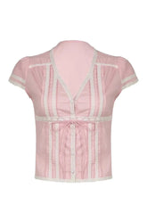 Pink Lace Trim Bow Blouse