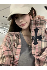 Chemise boutonnée à carreaux roses