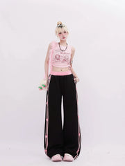 Pink-Trimmed Bow Accent Wide-Leg Pants