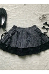 Pinstripe Lace Ruffle Skirt