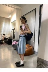 Jupe midi plissée en jean bleu