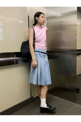 Jupe midi plissée en jean bleu