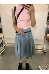 Jupe midi plissée en jean bleu