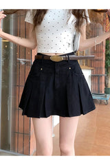 Pleated High-Waisted Denim Skirt