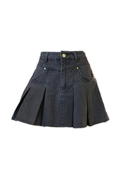 Pleated High-Waisted Denim Skirt