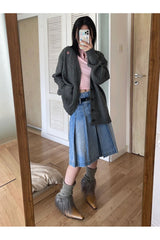 Pleated Midi Long Denim Skirt