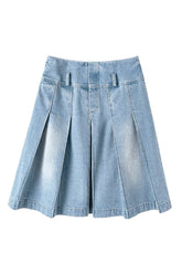 Pleated Midi Long Denim Skirt