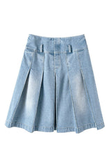 Pleated Midi Long Denim Skirt