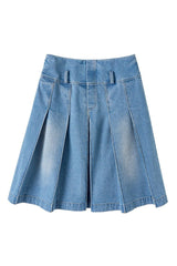 Pleated Midi Long Denim Skirt