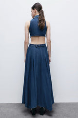 Regina Lapel Collar Cut-out Denim Maxi Dress-Sunfere