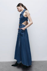 Regina Lapel Collar Cut-out Denim Maxi Dress-Sunfere