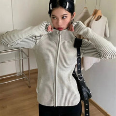 Ribbed High-Neck Zip Sweater
