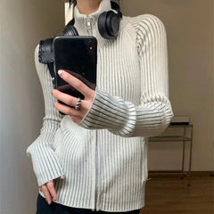 Ribbed High-Neck Zip Sweater