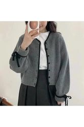 Ribbon Accent Button-Up Cardigan