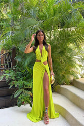 Sara V-neck High Slit Maxi Dress-Sunfere