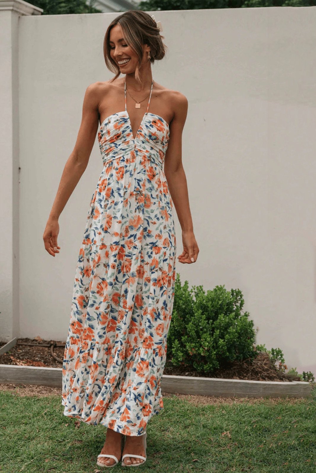 Sue Floral Printed Halterneck Maxi Sundress-Sunfere