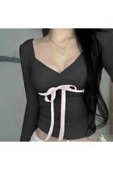 Sweet Contrast Ribbon Crop Top