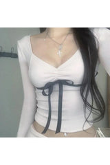 Sweet Contrast Ribbon Crop Top