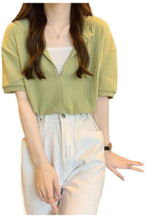 V-neck Patchwork Crop T-shirt