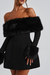 Regina Fur Collar Off Shoulder Mini Dress