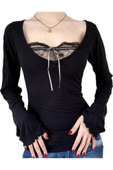 Vintage Schwarzes Langarm Crop Top