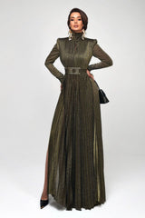 Elsie Metallic Pleated Belted Maxi Dress