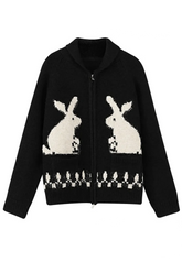 Herbstlicher Cardigan mit Reißverschluss und skurrilem Hasenmotiv