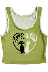 Y2K Cartoon Green Print Crop Top