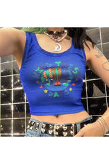 Y2K Cartoon Print dark blue Crop Top