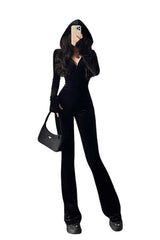 Schwarzer Samt-Trainingsanzug im Y2k-Stil