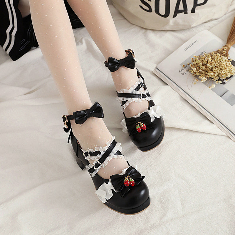 Lolita Bow Black/Beige/Pink Leather Shoes
