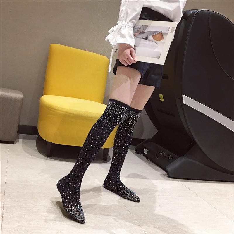 Black/Grey Bling Rhinestone Long Socks Boots