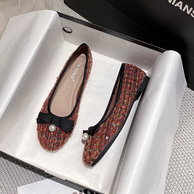 Faux Pearl Bow Tweed Flats