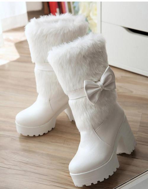 Kawaii Sweet Bowknot Cute Warm High-heeled Snow Fur Boots