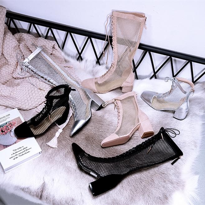 Black/Beige/Silver Laced Net High Boots