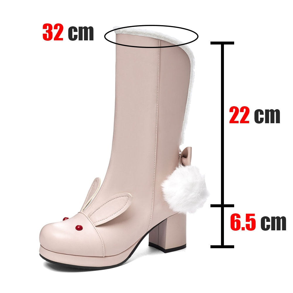 Black/Pink/White Cute Rabbit Ears Sweet Snowball Mid Calf Platform Boots