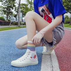 Sweet Pink Milk Strawberry Patterned High-top Canvas Shoes