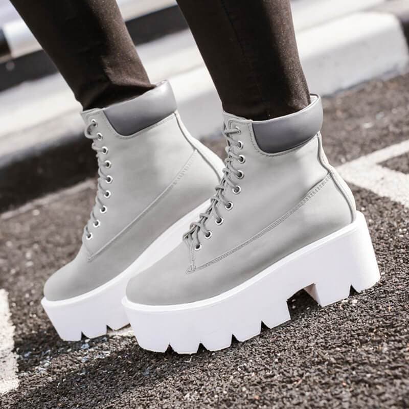 Black/Brown/White/Gray Square Heels Lace-up Platform Boots