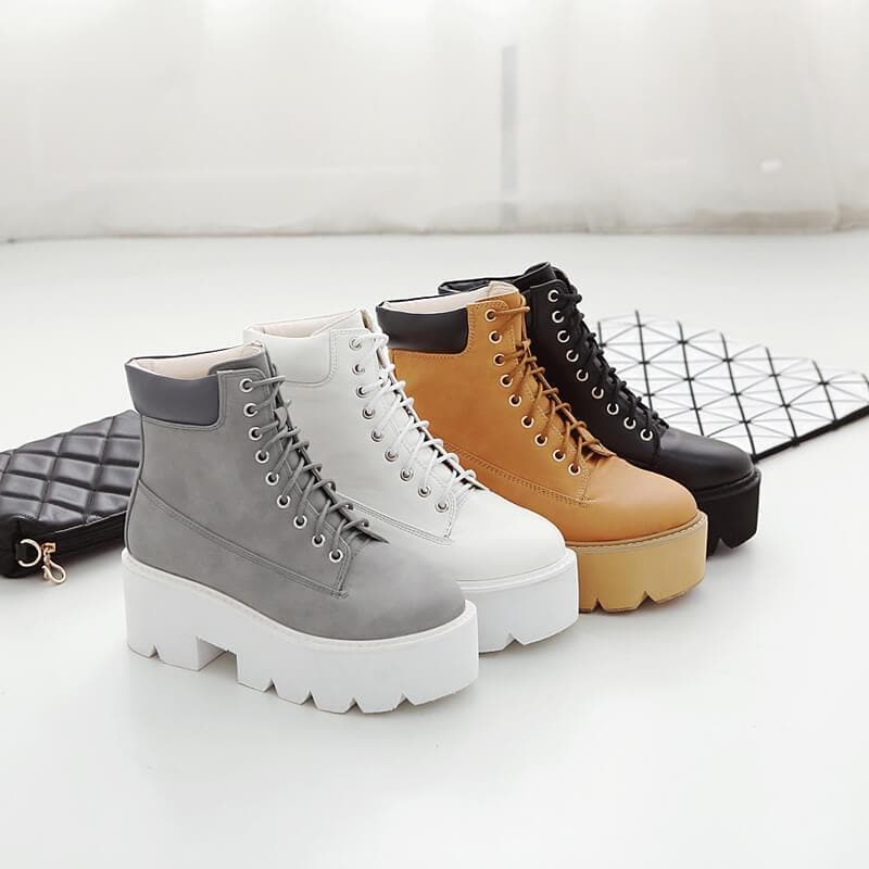 Black/Brown/White/Gray Square Heels Lace-up Platform Boots