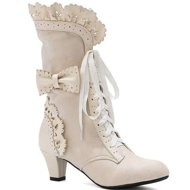 5 Colors Big Size Sweet Bowknot Ruffle Calf Mid Heels Boots