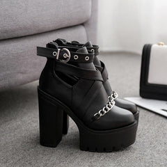 Black Gothic Buckle Round Toe Chain Platform Boots